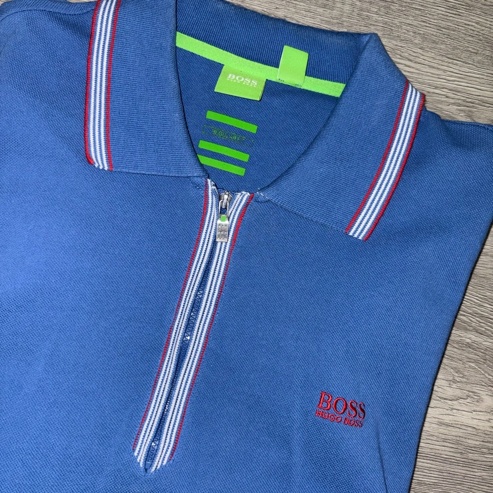 Boss Blue Polo with Red and White Stripes